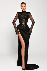 Black Prom Dress Mermaid High Neck Sleeves Lace Panel Train Satin Formal Dress With High Slit